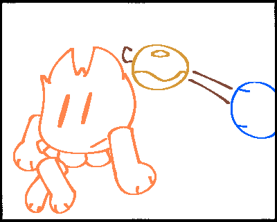 Benji, who is mostly off-screen minus his arm, is roasting bagels on Campfire, who is sitting down, unaware.