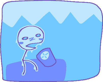 Stick Guy, throwing up into a trashcan on a bed.