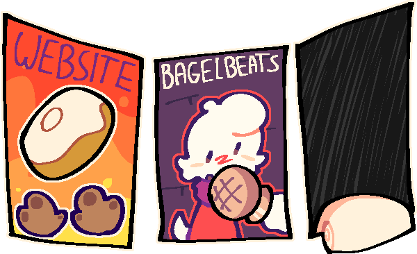 Three posters. On the left is a poster for the website, showcasing a bagel and hands. The middle poster shows Example with a microphone, for Bagel Beats. The right poster has been peeled off the wall.